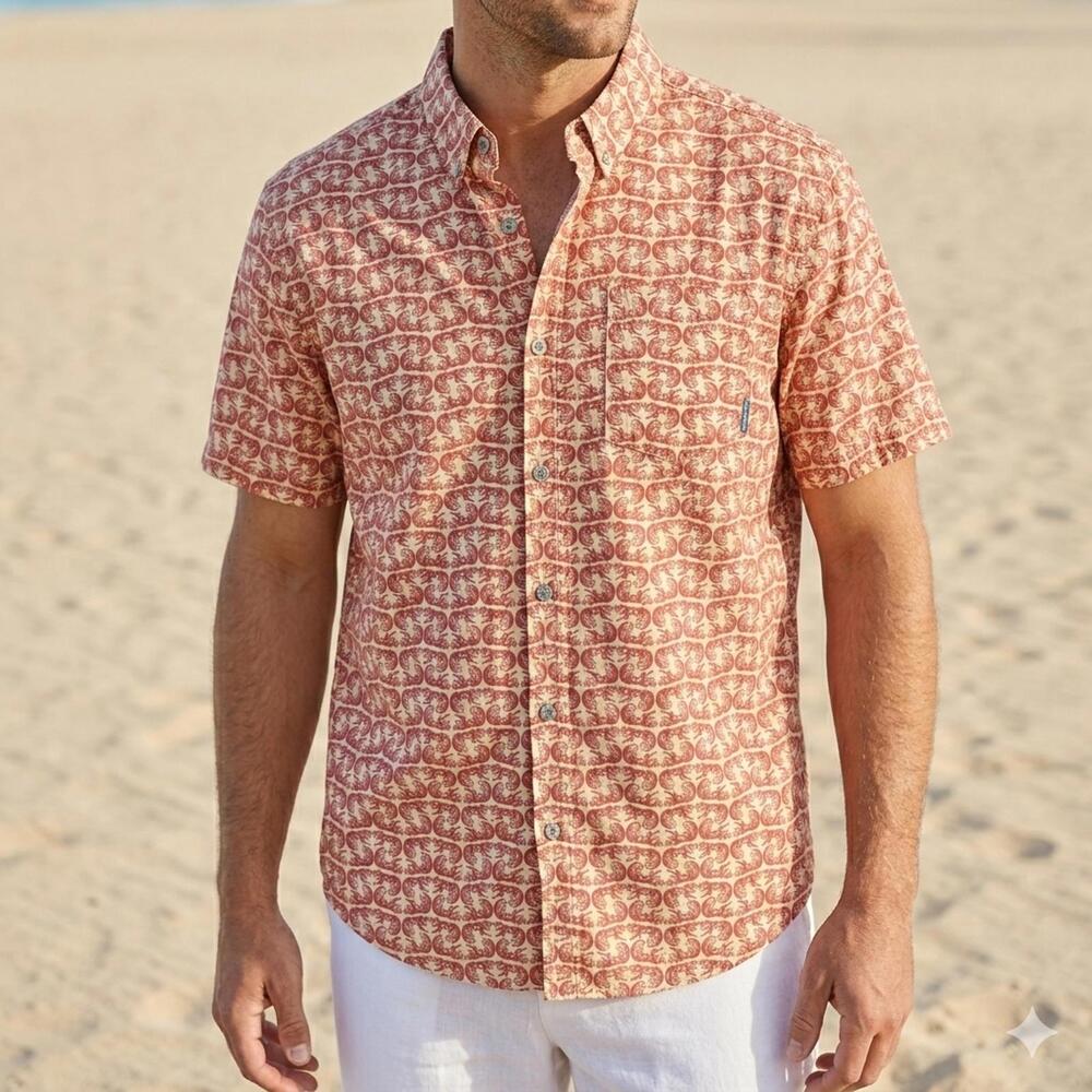 Eddie Bauer Men's Squirrel Print Short Sleeve Button Down Shirt Red & Tan XL